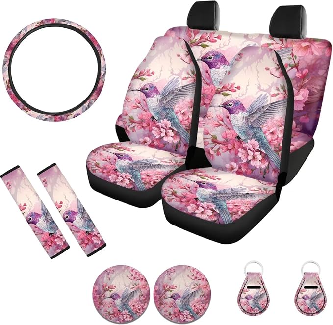 POLERO Hummingbird Car Seat Cover Set for Women Floral Steering Wheel Cover Vintage Vehicle Accessories 11pcs with Cute Keyrings
