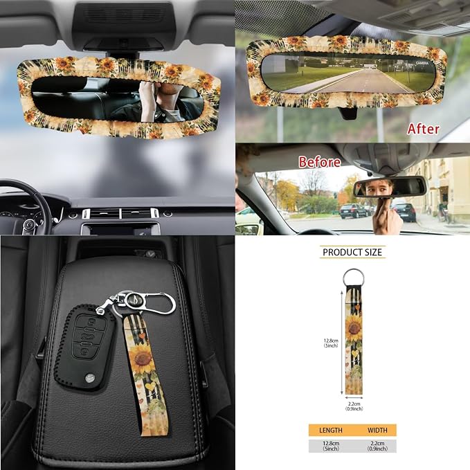 Sunflower Print Car Interior Covers Full Set of 15 Decorative Car Front Rear Seat Covers Steering Wheel Cover Safety Belt Pads Rearview Mirror Cover Garbage Bag Keychain