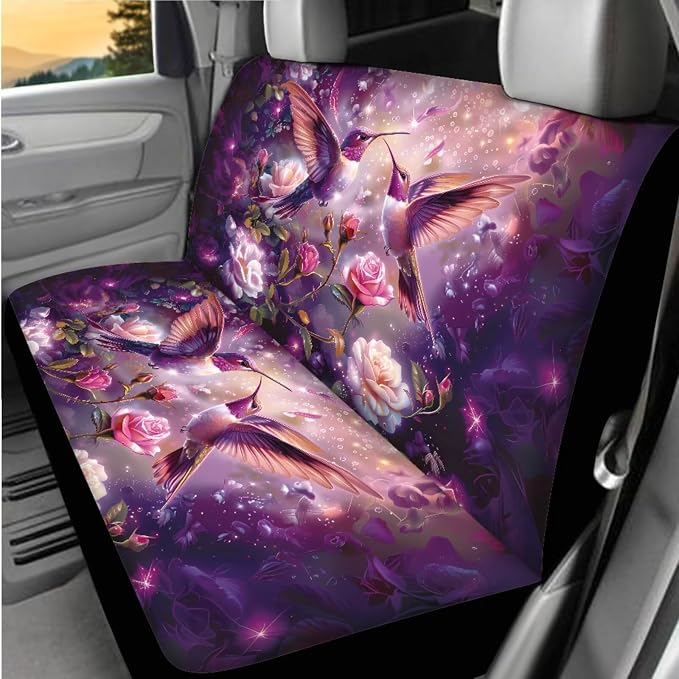8 Pcs Hummingbird Rose Print Car Interior Accessories for Women, Car Seat Covers with Auto Steering Wheel Cover, Auto Center Console Pad, Seat Belt Covers, Automotive Decorations