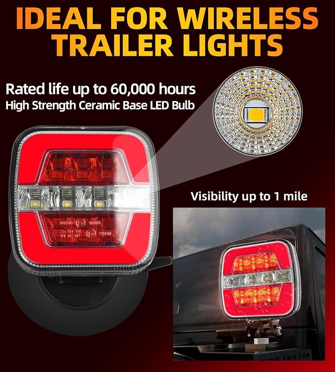 Upgraded Wireless Trailer Lights Magnetic, Rechargeable Tow Light Kit with Adjustable Mounting, LED Tail Brake Turn Reverse Lights, Type-C Charging, IP67 Waterproof for Truck, RV, Boat, Camper