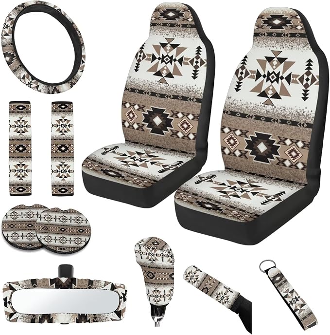 Western Aztec 11 Pack Car Accessories Set with Car Front Seat Cover Steering Wheel Cover Auto Seat Belt Cover Rear View Mirror Cover Easy to Install for Car SUV Seat Protector