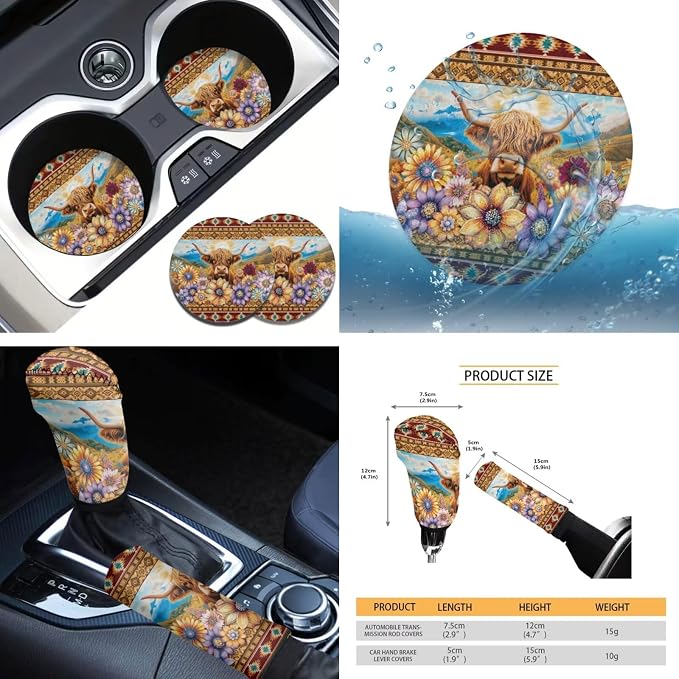 Tupalatus Highland Cow Flower 9 Pack Seat Covers Full Set Car Accessories Steering Wheel Protector Auto Seat Belt Cover Coasters Gear Shift Cover Hand Brake Cover for Women