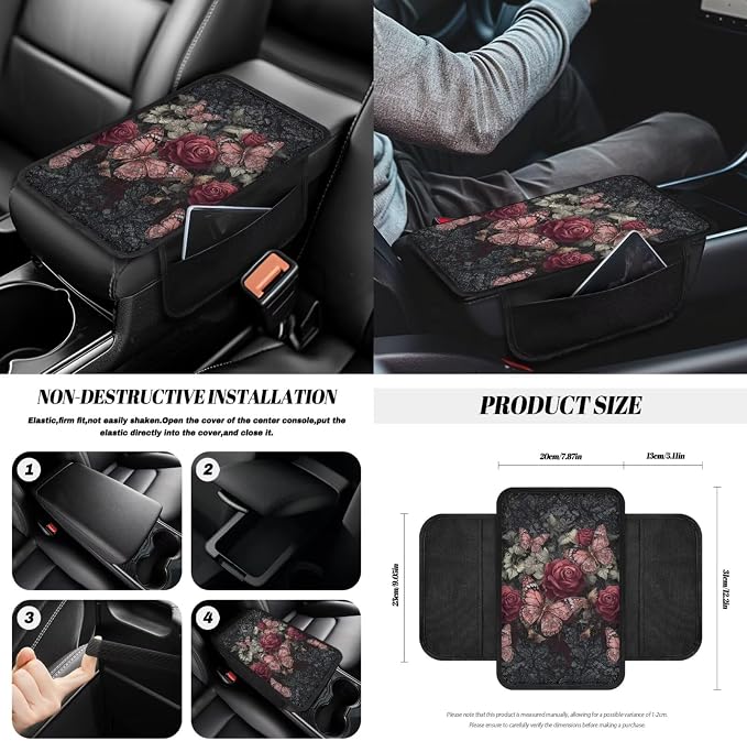 Rose Butterfly Print Car Seat Covers Front and Back Full Set with Steering Wheel Cover Armrest Cushion Safety Belt Pads Inside Rearview Mirror Cover Trash Bin, Universal Fits
