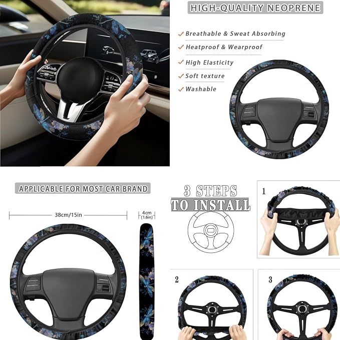 Blue Floral Dragonfly Car Seat Covers Full Set 15 Pcs Universal Seat Covers Front and Back with Steering Wheel Cover Seat Belt Pad Trash Can Car Headrest Pillow Covers Armrest Pad