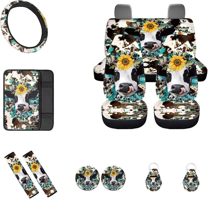 Cow Car Seat Covers Full Set,12Pcs,Sunflower Western Cow Car Seat Protectors,Universal Fit Front Back Seat Cushion/Seatbelt/Steering Wheel Cover/Anti Slip Coaster/Keychains for Cars SUV Truck