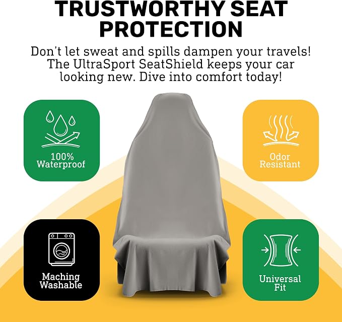 UltraSport Waterproof Towel Car Seat Cover, Universal Fit, Sweatproof & Odor-Resistant Front Seat Protector, Quick-Dry, Machine Washable for Gym, Pets, Travel, Outdoor Adventures, Gray, 2-Pack