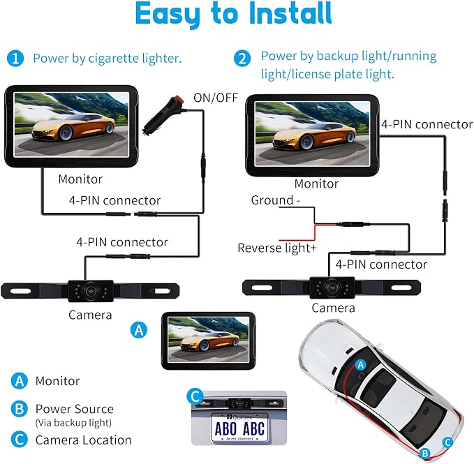 Wired Backup Camera System, 1080P HD 7-Inch Monitor with Suction Cup, Easy Install License Plate Reverse Camera with Night Vision, Plug & Play via Cigarette Lighter for Car, SUV, Pickup