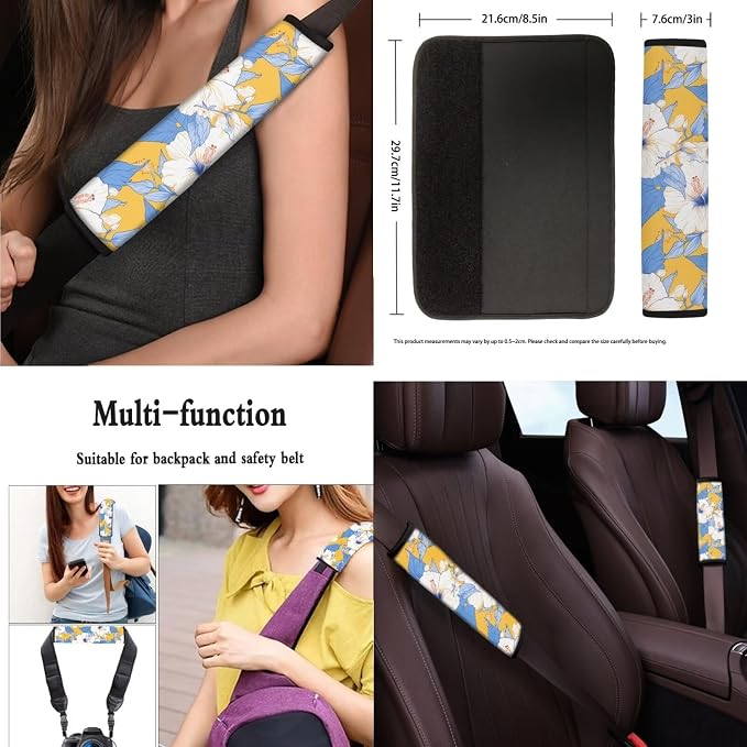 Hawaii Hibiscus Flower 13 PCS Car Seat Covers, Island Style Flowers Auto Accessories Steering Wheel Cover, Tropical Botanical Vehicle Front Rear Seat Covers Keyring