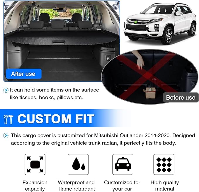 Powerty Retractable Cargo Cover for Mitsubishi Outlander 2013-2019 (Manual Liftgate), Canvas Trunk Cover Privacy Screen Rear Security Shade for Outlander Accessories(Not for Electric Liftgate)