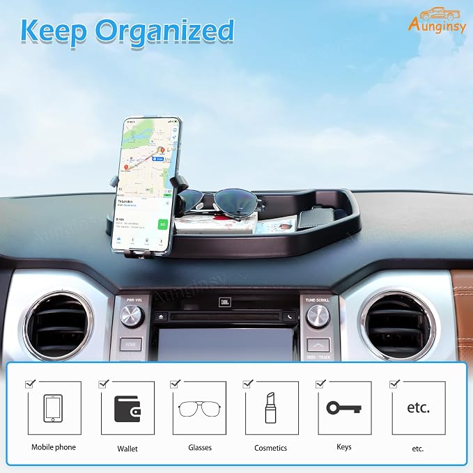 Aunginsy Center Console Dashboard Storage Tray with Phone Mount Compatible with Toyota Tundra 2007-2021, Instrument Multi-Functional Mobile Phone Holder Storage Box Organizer Tray Insert Accessories