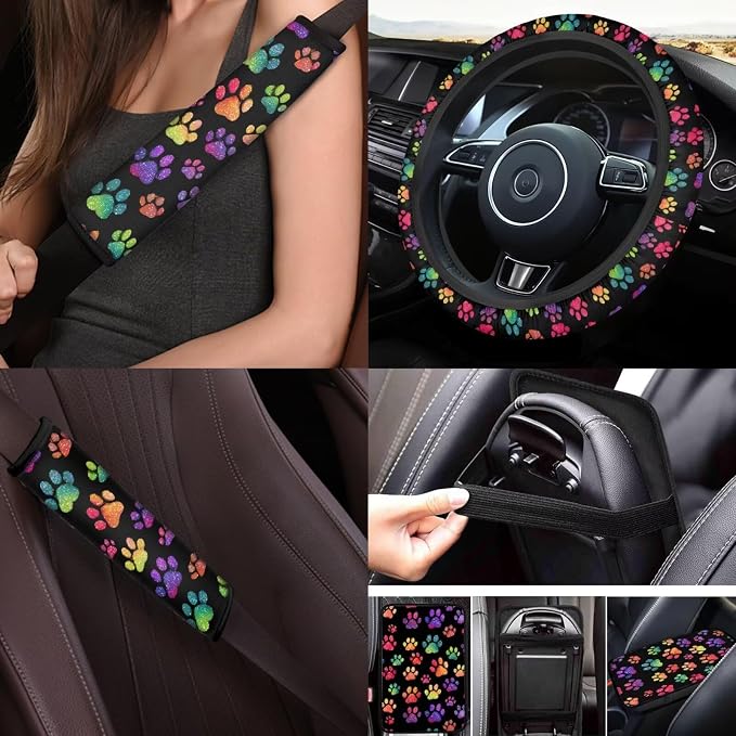 Dog Paw Prints Car Seat Covers Full Sets of 17 Pack,Colorful Dog Paw Prints Car Accessories Sets with Car Rubber Floor Mats,Steering Wheel Car Covers,Cup Coasters,Seat Belt Pads,Universal Fit