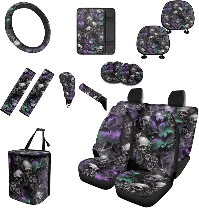 Goth Skull Car Seat Covers Full Set 15 Pcs Universal Car Accessories Steering Wheel Cover Seat Belt Pads Garbage Bag Car Headrest Pillow Covers Armrest Pad