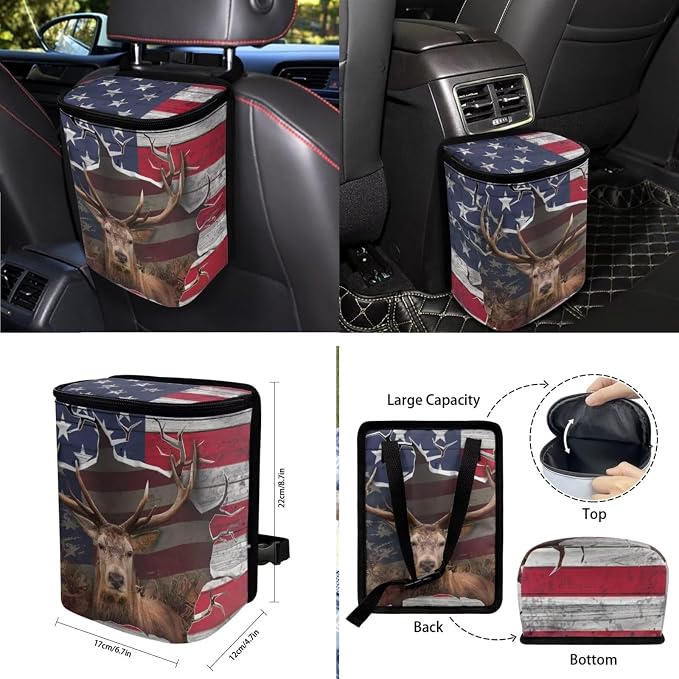 3D Deer American Flag Print 10pcs Car Accessories, Non Fading Auto Front & Rear Seat Cover Steering Wheel Cover Car Trash Can Keychains Coasters Air Vent Storage Bag for Women Men