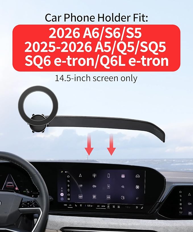 Car Phone Holder for 2025-2026 Q5/SQ5/A5/SQ6 e-tron/Q6L e-tron 2026 Audi A6/A6 Allroad/S6/S5 Accessories 14.5-Inch Screen Fixed Clip, 360° Rotation Phone Mount Compatible with MagSafe