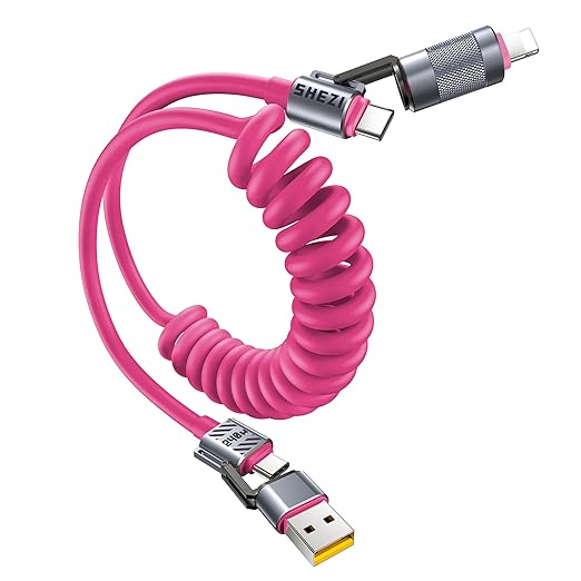 4-in-1 Coiled USB C Cable for Car 5FT [240W Fast Charging] Compatible with Lightning Cable [CarPlay & Android Auto] Multi Charger Cord Combo with L/Type C/USB A Ports for iPhone/iPad (Pink)