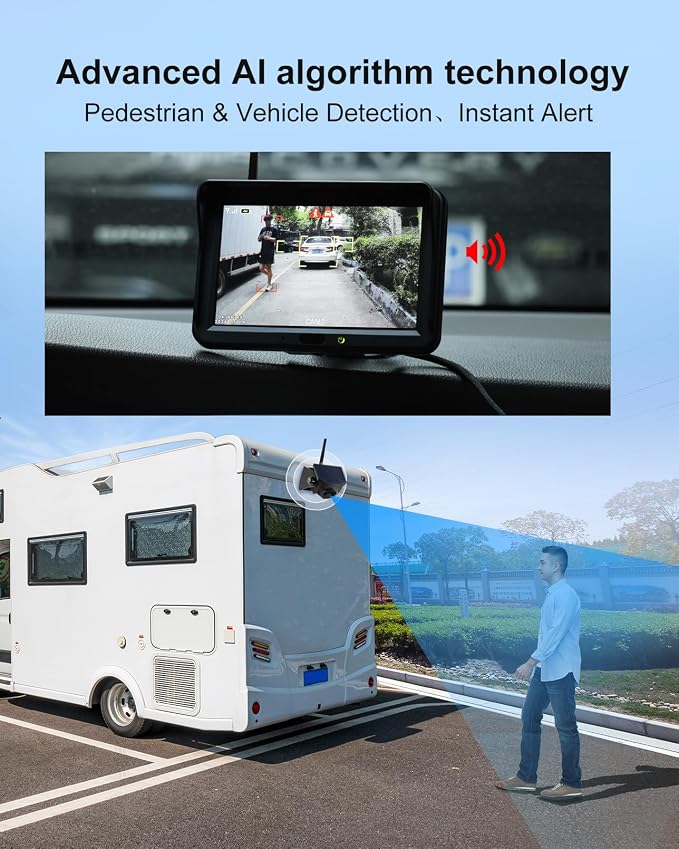 Magnetic Solar Wireless Backup Camera: AI Pedestrian & Vehicle Detection, 1-Min Install, No Wiring/Drilling, Gesture Control,Rechargeable Battery, Night Vision, 5" 1080P Monitor for RV, Trailer, Truck