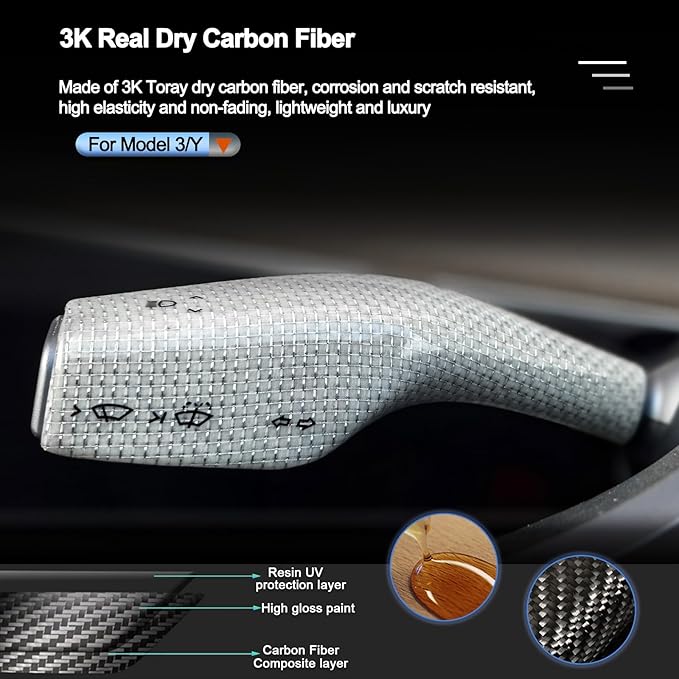 Carbar Fit for Tesla 3/Y Carbon Fiber Steering Lever Cover Real Column Gear Shift Knob Cover Wrap Decoration Interior Accessories (2Pcs White Glossy Carbon Fiber)