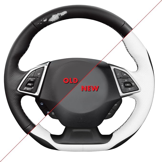 MEWANT Hand Stitch Steering Wheel Cover for Chevy Camaro 2016-2025 Custom Black White Microfiber Leather Interior DIY Wrap Restoration Kit Anti-Slip Breathable Protector