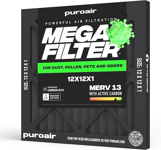 PuroAir MegaFilter - 12x12x1 Air Filter MERV 13 Activated CarbonTech Defense - Heavy Duty 3 Layer Furnace Filters Allergens, Pollen, Dust, Pet Dander, Smoke, Odors - HVAC Air Filter 12x12x1 (1-Pack)