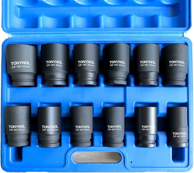 TONYNOL 3/4 Inch Drive Deep Impact Socket Set,6-Point,Metric (24mm to 41mm),12 Pcs,Cr-Mo,Heavy Duty Impact Socket Set,With a Storage Case
