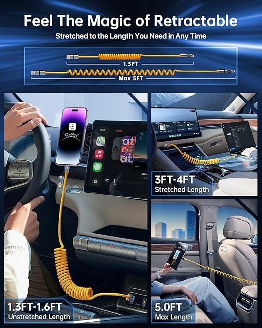 4-in-1 Coiled USB C Cable for Car 5FT [240W Fast Charging] Compatible with Lightning Cable [CarPlay & Android Auto] Multi Charger Cord Combo with L/Type C/USB A Ports for iPhone/iPad (Yellow)