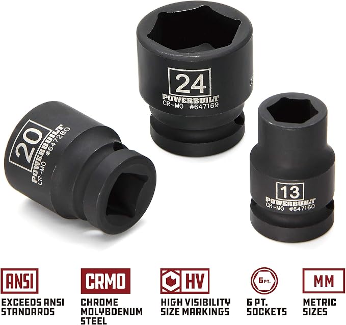 Powerbuilt 18 Piece Metric Impact Socket Set, 1/2 Inch Drive, 5 Inch Extension Bar, Size Markings, Z-Drive Sockets Grip, Storage Case - 940838