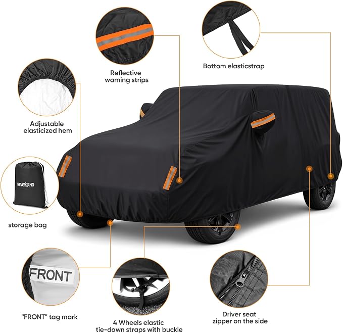 Car Cover for Jeep Wrangler 2 Door 1987-2026 JK JL CJ YJ TJ Outdoor Waterproof Sun Rain Snow Hail UV Protection with Driver Door Zipper