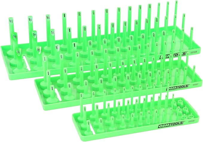OEMTOOLS 22339 3-Post SAE Socket Tray Set, 3 Piece, Deep, Shallow, and Impact 3 Row Socket Organizer for Tool Box Drawer, Holds 120 Tools, 1/4, 3/8 and 1/2 Inch Drive, SAE, Green