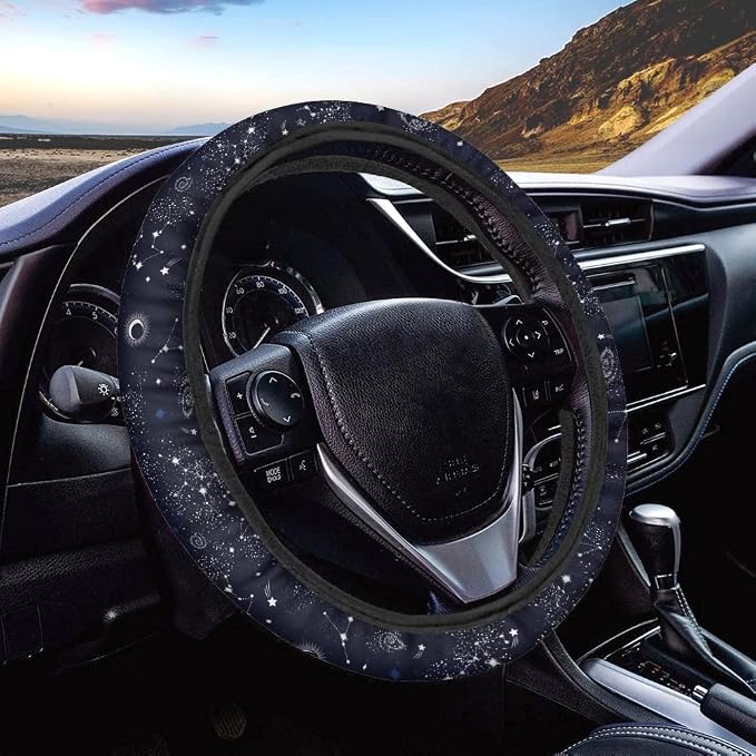 Xoenoiee 11 Pcs Celestial Moon Stars Print Car Accessories Full Set for Women, Universal Front Car Seat Cover, Back Bench Seat Cover, Steering Wheel Covers, Seat Belt Pads, Cars Coaster, Key Chains