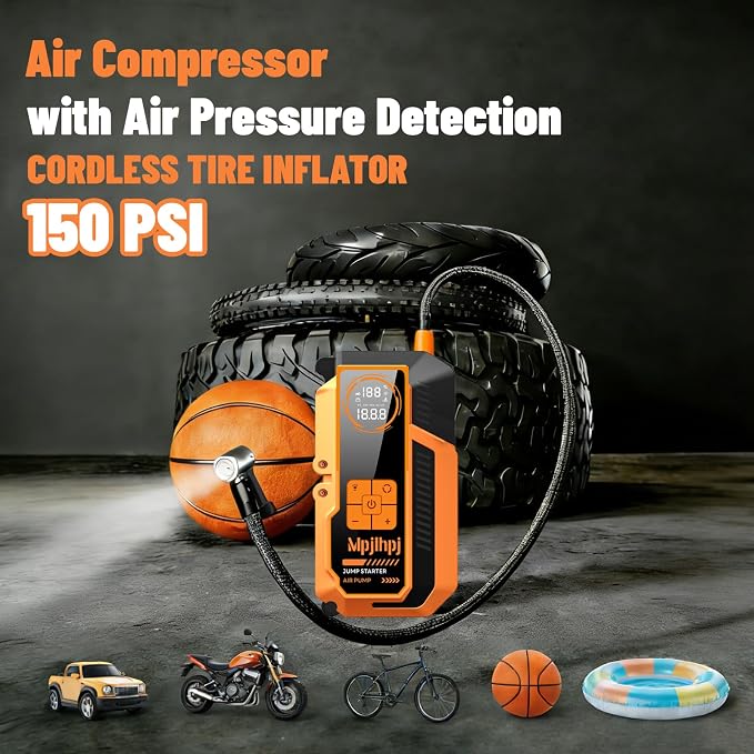 Jump Starter with Air Compressor, 4000A Battery Jumper Starter Portable (8L Gas/6L Diesel) with 150PSI Auto-Shutoff Tire Inflator, 12V Jump Box Car Battery with Lights,Gloves,Car Emergency Kit