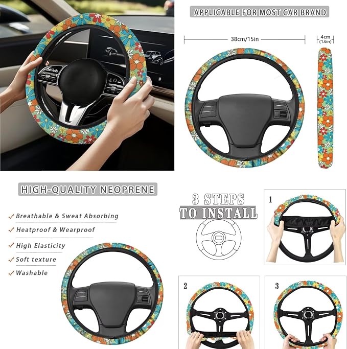 Hippie Floral Car Seat Cover Protector 15 PCS Set, with Steering Wheel Rearview Mirror Cover Seat Belt Pad Garbage Bag Coasters Key Chain Fit Most Vehicles