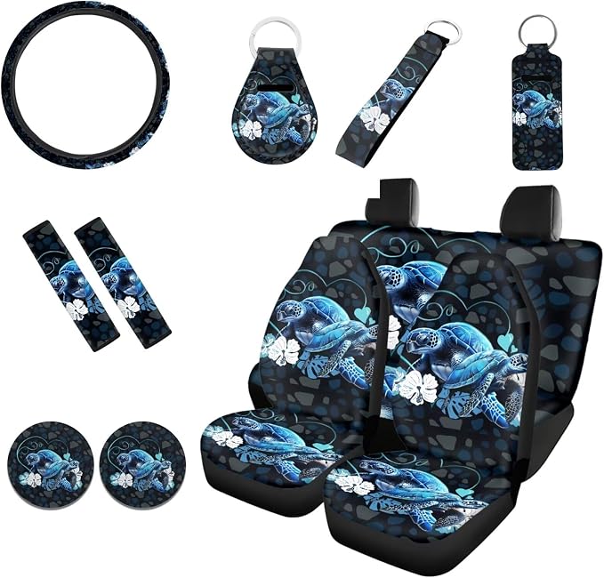 12 Pieces Car Accessories Sea Turtle Print Car Seat Covers Full Set,Seat Belt Pads,Steering Wheel Covers,Vehicle Key Chain,Cup Coasters,Lipstick Holder for Women Blue Black
