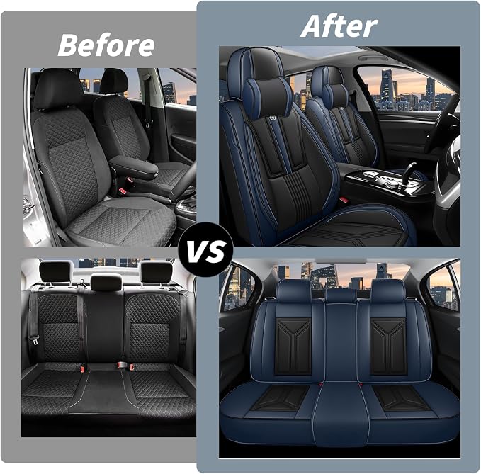 Arazi Fit for 98% of Mazda Seat Covers, 360° Full Wrap Original Seat Cover, Waterproof Nappa Leather Seat Covers with Big Space Storage Pocket Seat Protector（5 Seats Luxury, Black&Blue）