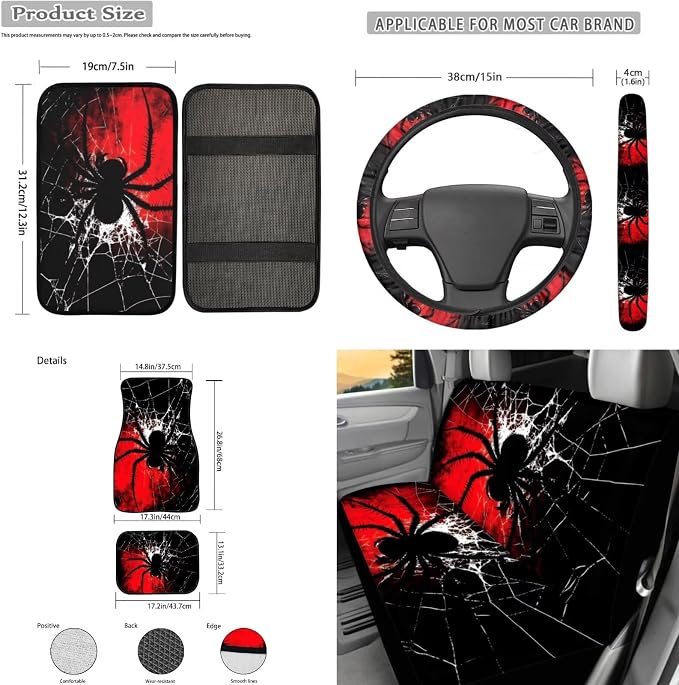 Gothic Spider 17 Pcs Car Accessories Seat Covers Full Set Steering Wheel Cover Floor Mats Center Console Pad Cup Holders Seat Belt Pads for Women Men Car Interior Decor