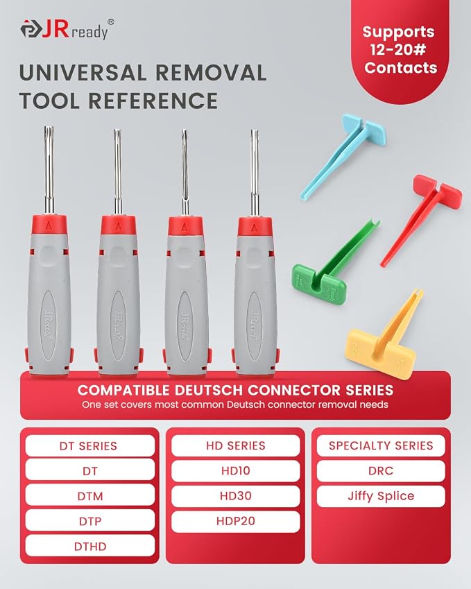 JRready ACTCRH7A06 Deutsch Pin Removal Tool Set, 8PCS Depinning Tool Kit with Insulated Handle Extractors & Plastic Terminal Removal Tools, for DT DTM DTP DTHD Connectors, Automotive Electrical Repair