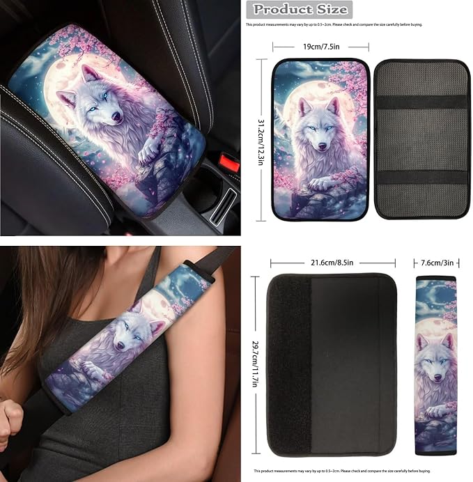 Cherry Blossoms Wolf Car Seat Covers Full Set for Women Floral Car Accessories Steering Wheel Cover Seatbelt Pad Coasters Trash Can Car Headrest Pillow Covers Armrest Pad