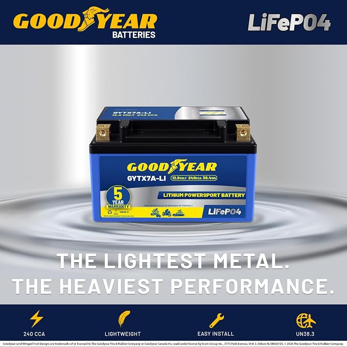 Goodyear GYTX7A-LI Lithium LiFePO4 12.8V 240CCA Rechargeable High Performance Powersport Battery with Smart BMS Replacement for Motorcycle, ATV, UTV, Scooter, Watercraft, Jet Ski, and Snowmobile
