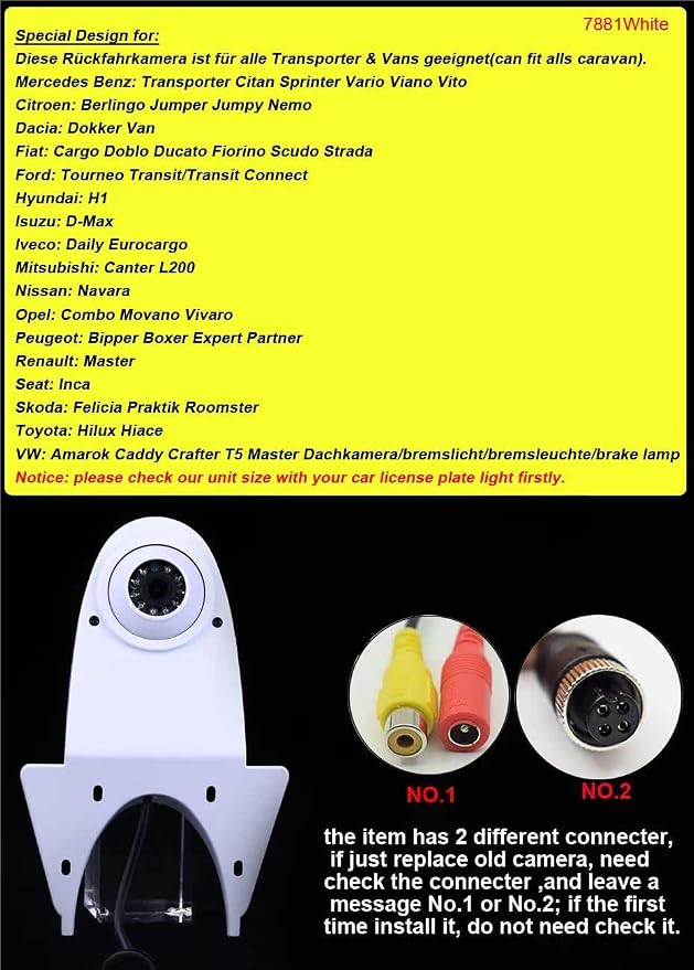 Universal Camera Car Top Mount Rear View Reverse Parking Camera,Replacement for Citroen Berlingo Jumper Jumpy Nemo Dacia Dokker Van Navara HD All RV Models(White Camera with 7 inch Rear View Mirror)