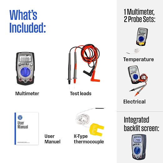 Westinghouse 600V True RMS Auto-Ranging Multimeter with Backlight and MAX/MIN; Measures Voltage Current Resistance Capacitance Frequency Temperature; 2-Year Warranty; Professional & DIY Use