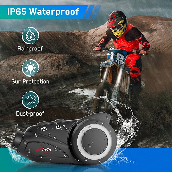 MAXTO Motorcycle Bluetooth Headset with Camera 1080P HD, M3 Upgraded 360°Adjustable Clip, 6 Riders 3280Ft Motorcycle Communication Systems Group Intercoms, WiFi Transit/FM funtion, IP65 (M3+Remote)
