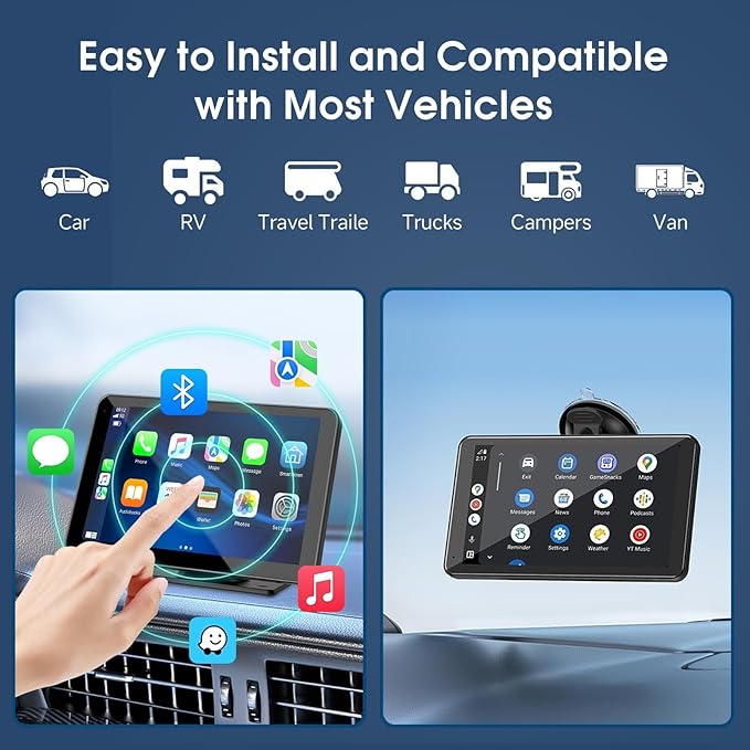 Carplay Screen for Car, 7" HD Wireless Portable Car Play Touchscreen Stereo with Android Auto Mirror Link/Backup Camera/GPS Navigation/Satellite Radio for All Vehicles