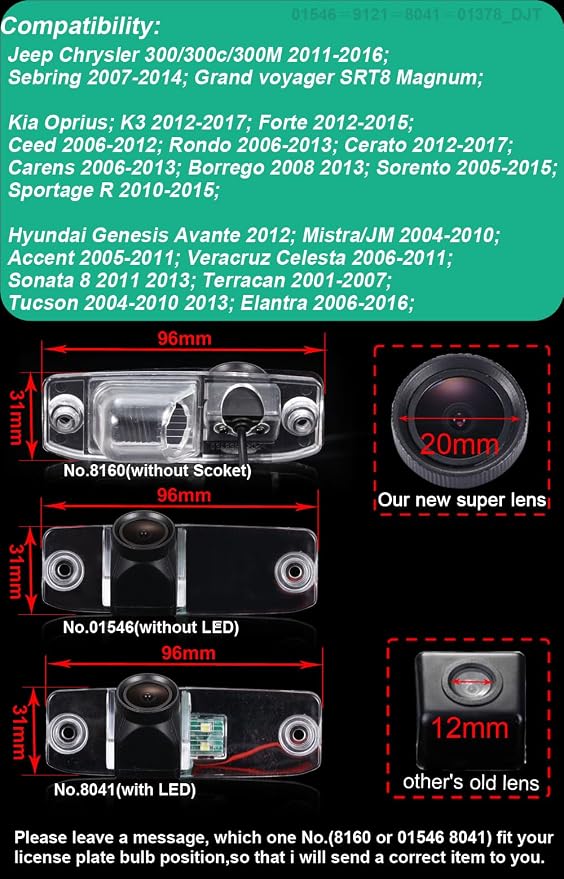 Backup Camera for Car, Waterproof Rear-View License Plate Car Rear Reverse Parking Camera for Hyudai Genesis/Jeep Chrysler 300/300c/300M/Sebring/Grand Voyager SRT8