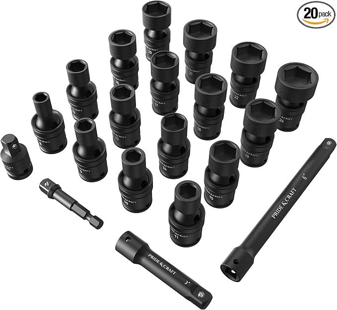 PRIDE&CRAFT 3/8" Drive Universal Impact Swivel Socket Set, 20 Piece Cr-Mo Steel Air Tool Accessories for Automotive & Machinery, 6-Point Universal Joint Socket, Metric,8-24mm,with Extension Bars