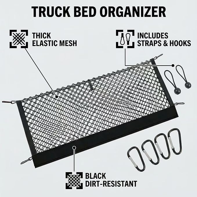 Envelope Style Truck Bed Cargo Net Compatible with Dodge Ram 1500 2019-2024 2025,Highly Elastic Truck Cargo Net for Ram 1500 Accessories, Upgraded Storage Bag & Heavy Duty Carabiners