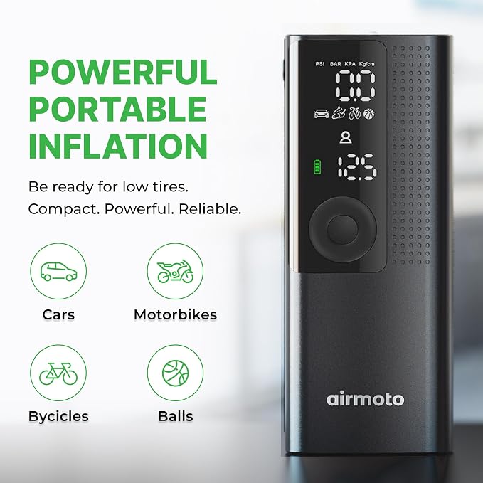 Airmoto and Carrying Case Bundle Deal - Tire Inflator Portable Air Compressor with Hard Case - Air Pump for Car Tires, Motorcycle, Bicycle - Cordless Tire Pump with Tire Pressure Gauge