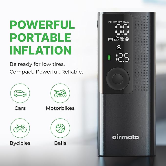 Airmoto and Power Kit Bundle Deal - 1 bundle - Tire Inflator Portable Air Compressor with Power Kit for Charging on The Road - Cordless Air Pump for Car Tires, Motorcycle, Bicycle, Balls