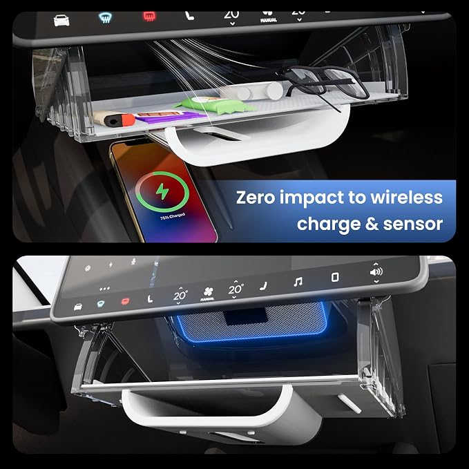 for Tesla Model Y Juniper & Model Y L Under Screen Storage Organizer 2025-2026/Model 3 Highland 2024-2026, Hideable Center Console Organizer Tray for Model Y Juniper Accessories, White