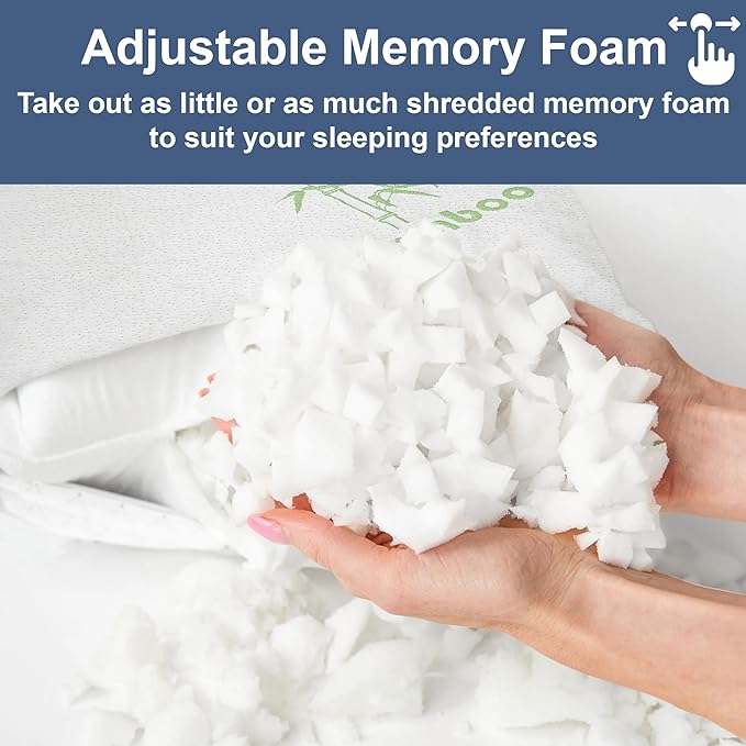 DreamField Linen Memory Foam Bamboo Pillow Queen Size - [Adjustable] for Sleeping - Cool & Breathable Cover with Zipper Rayon Derived from Bamboo - Relieves Neck Pain - Back/Stomach/Side Sleeper