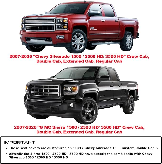 Aierxuan Seat Covers for 2007-2026 GMC Sierra Chevy Chevrolet Silverado 1500 2500HD 3500HD Trail Boss Z71 Crew Double Extended Cab Waterproof Leather Truck Pickup Cuchion(Full Set, Black-Blue)