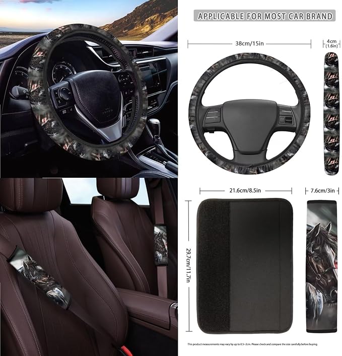 Wanyint Horse United States Flag 15 PCS Car Seat Cover Full Set, with Steering Wheel Cover Seat Belt Strap Cover Trash Can Rear View Mirror Cover Coaster Keychain Air Vent Storage Bag Car Decoration